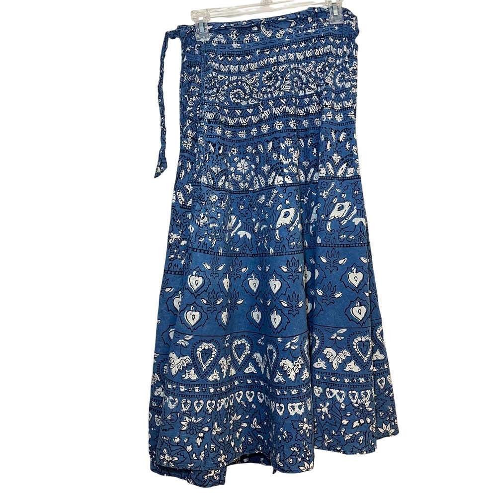 Funky People Wrap Skirt Maxi Long Floral Paisley Elephant Blue White Free Size